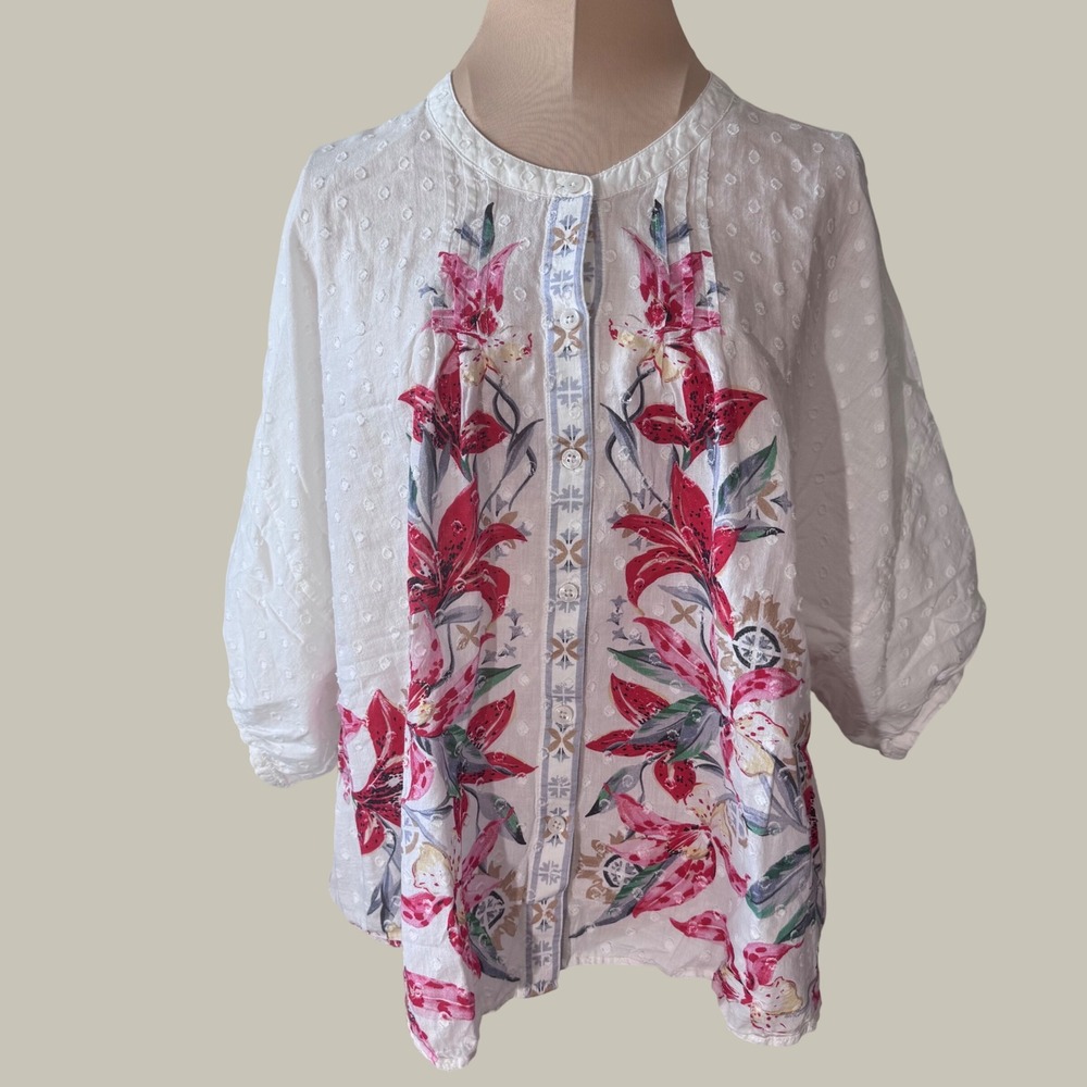 3164 | Chico's Floral Eyelet Cotton Dolman Shirt White Boho Women 3 XL